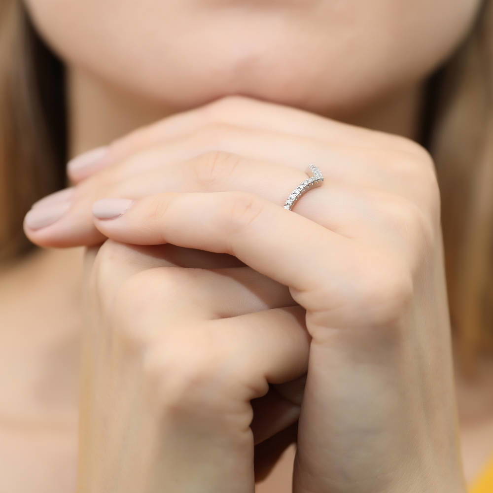 Model wearing Halo Wishbone Pear CZ Split Shank Ring Set in Sterling Silver, 17 of 17