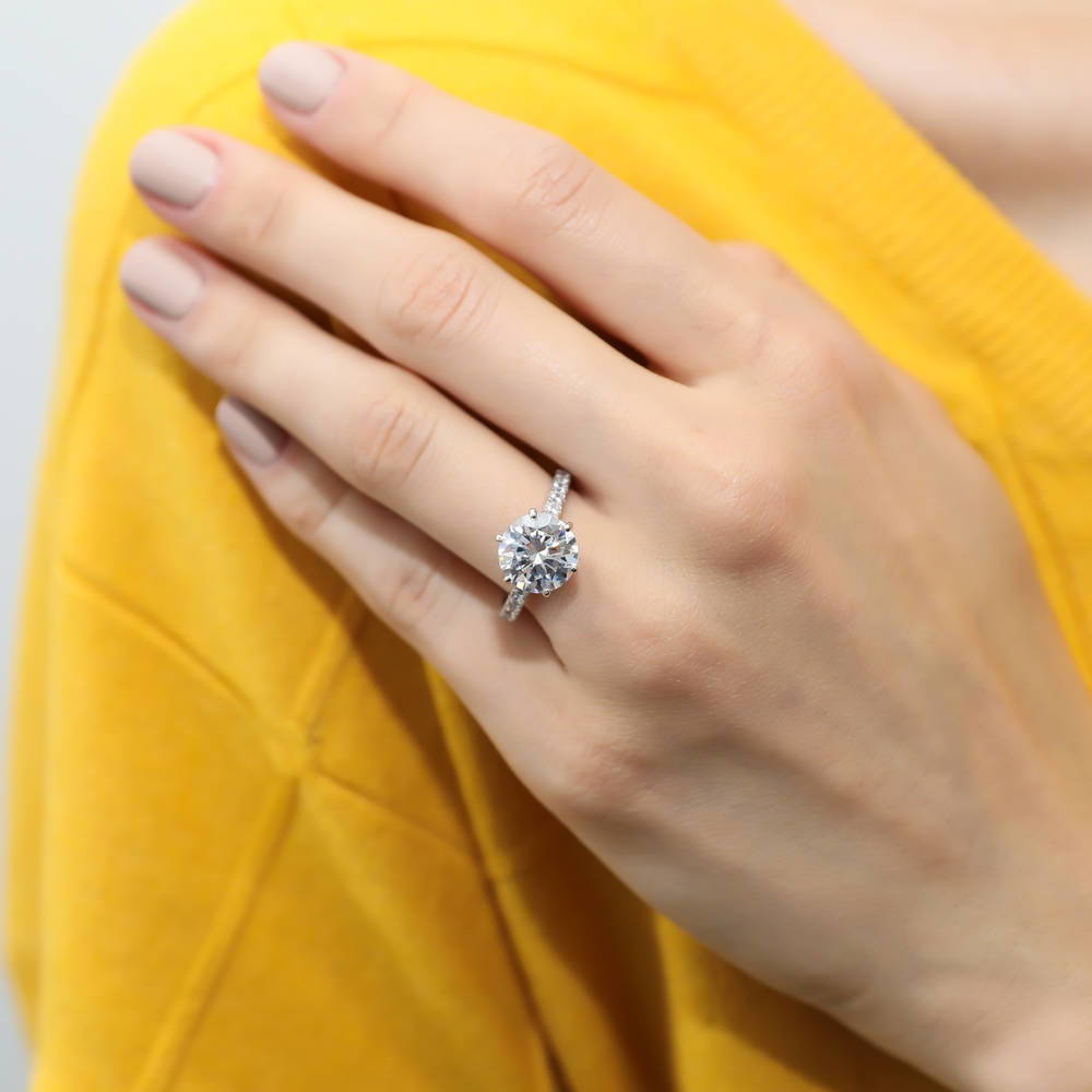 Model wearing Solitaire 3.8ct Round CZ Statement Ring in Sterling Silver, 7 of 12