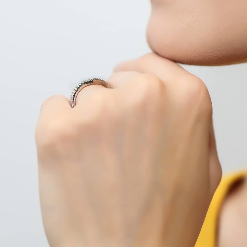 Model wearing Wishbone CZ Curved Half Eternity Ring in Sterling Silver, 6 of 7