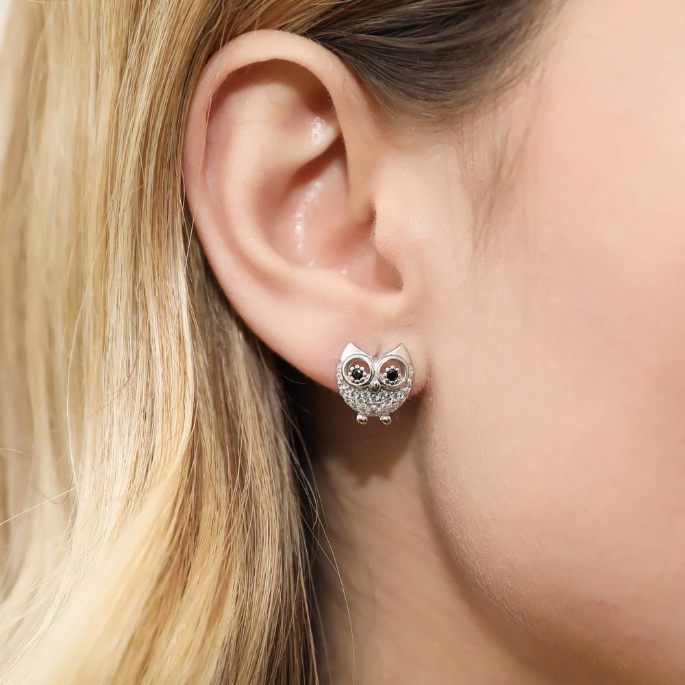 Model wearing Owl CZ Stud Earrings in Sterling Silver, 3 of 4