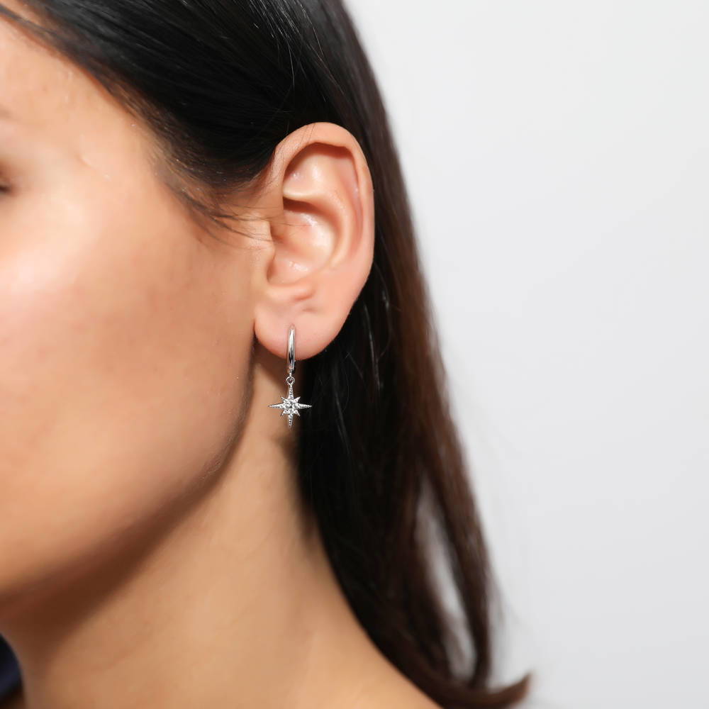 Model wearing Starburst CZ Earrings in Sterling Silver, 2 of 7