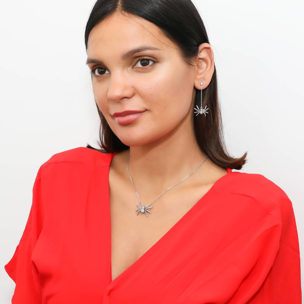 Model wearing Spider CZ Dangle Earrings in Sterling Silver, 4 of 6