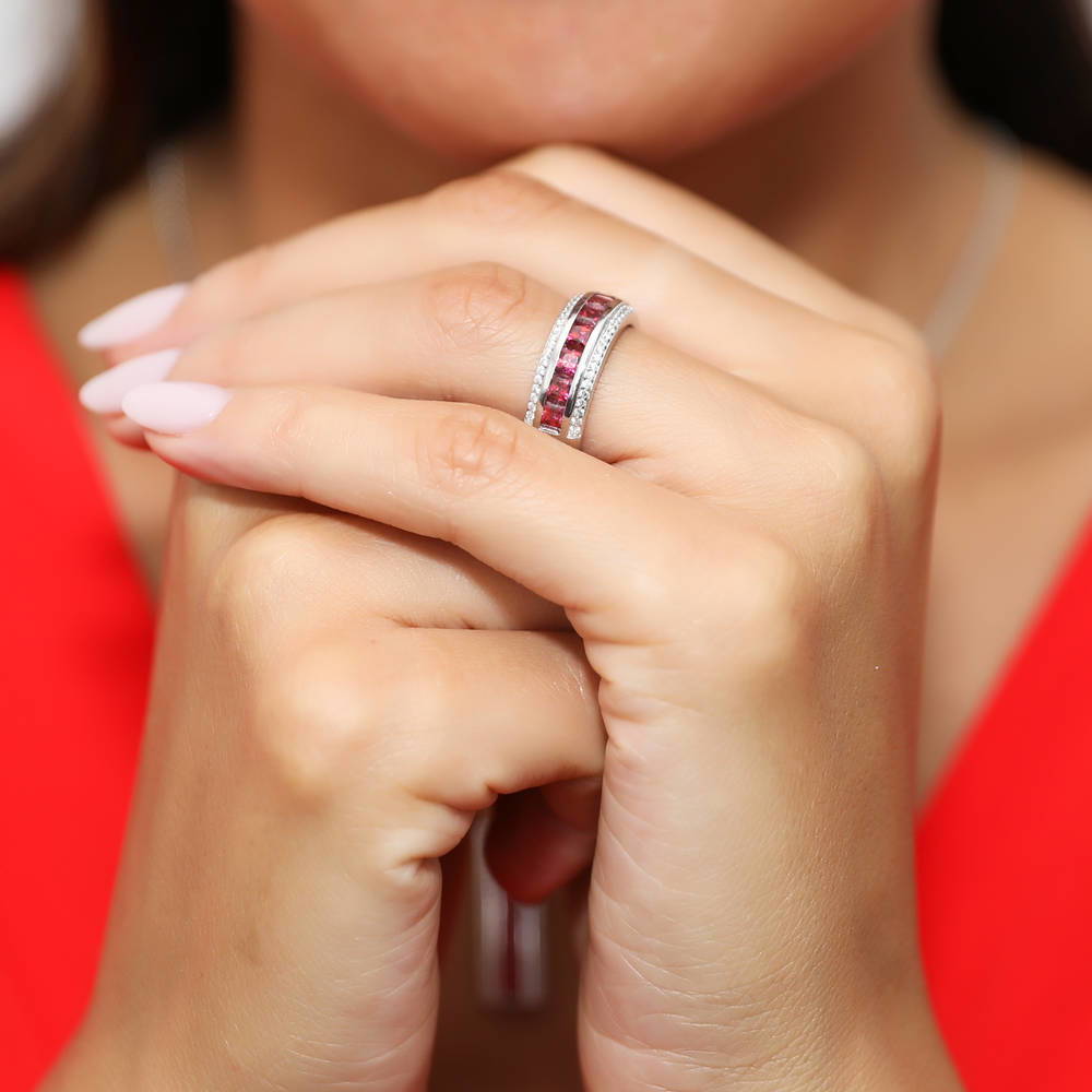 Red Channel Set CZ Half Eternity Ring in Sterling Silver