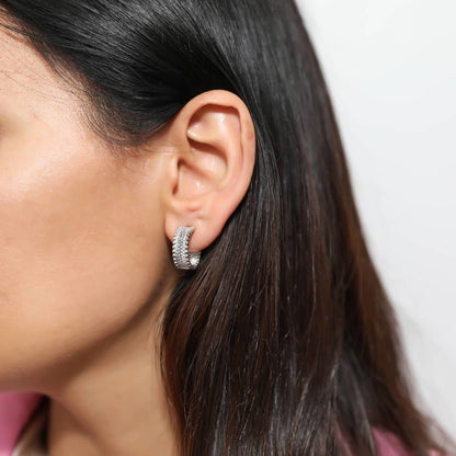 Bead CZ Small Omega Back Hoop Earrings in Sterling Silver 0.7"