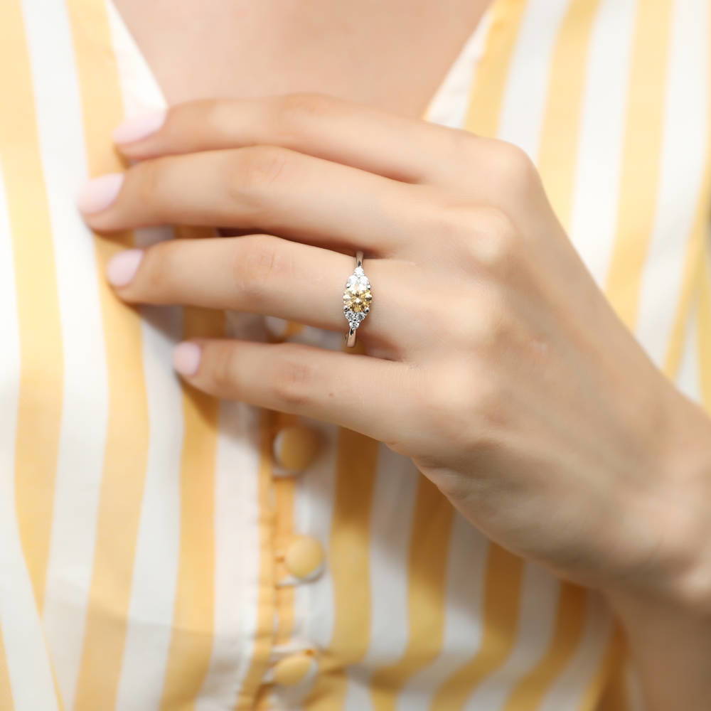 Model wearing Solitaire 0.8ct Yellow CZ Ring in Sterling Silver, 2 of 7