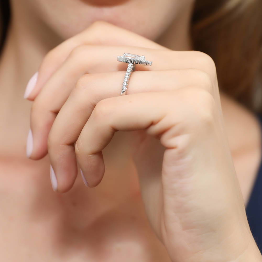 Halo Pear CZ Ring Set in Sterling Silver