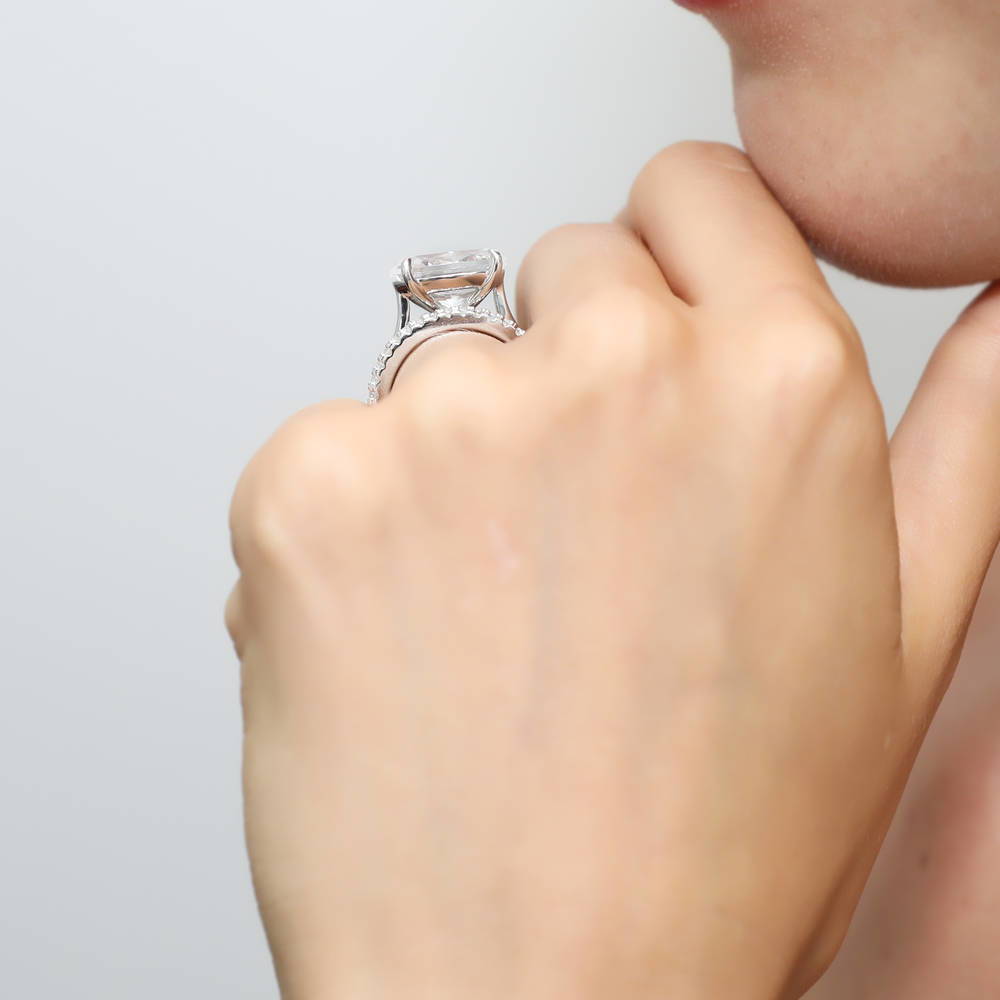 Model wearing Solitaire East-West 5.5ct Oval CZ Ring Set in Sterling Silver, 8 of 13