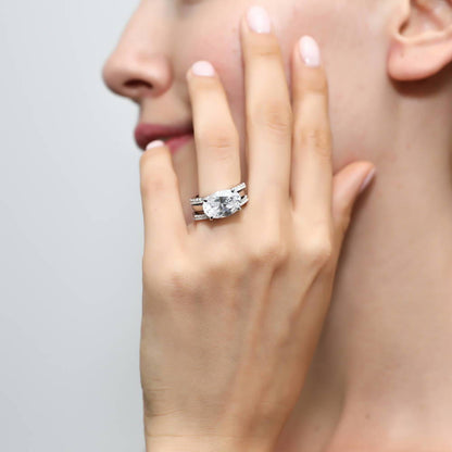 Solitaire East-West 5.5ct Oval CZ Ring Set in Sterling Silver