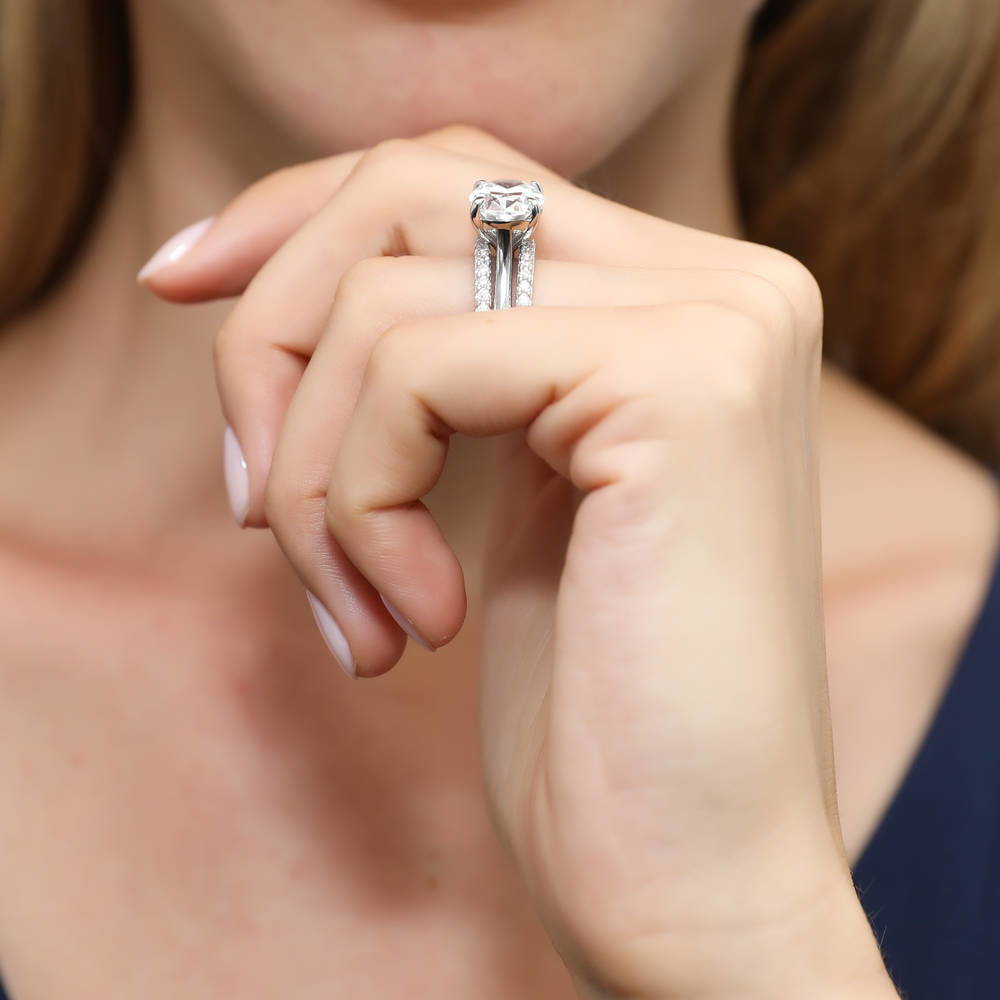Model wearing Solitaire East-West 5.5ct Oval CZ Ring Set in Sterling Silver, 6 of 11