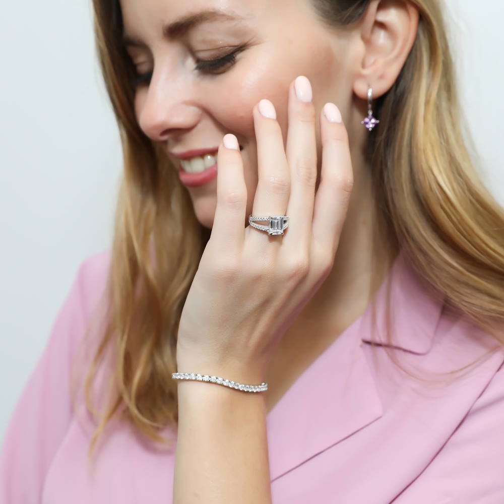 Solitaire Emerald Cut CZ Split Shank Ring in Sterling Silver