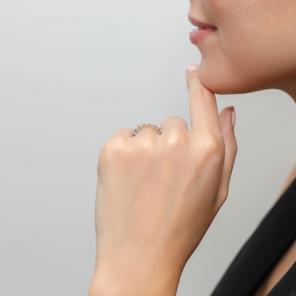 Model wearing 7-Stone CZ Eternity Ring in Sterling Silver, 6 of 8