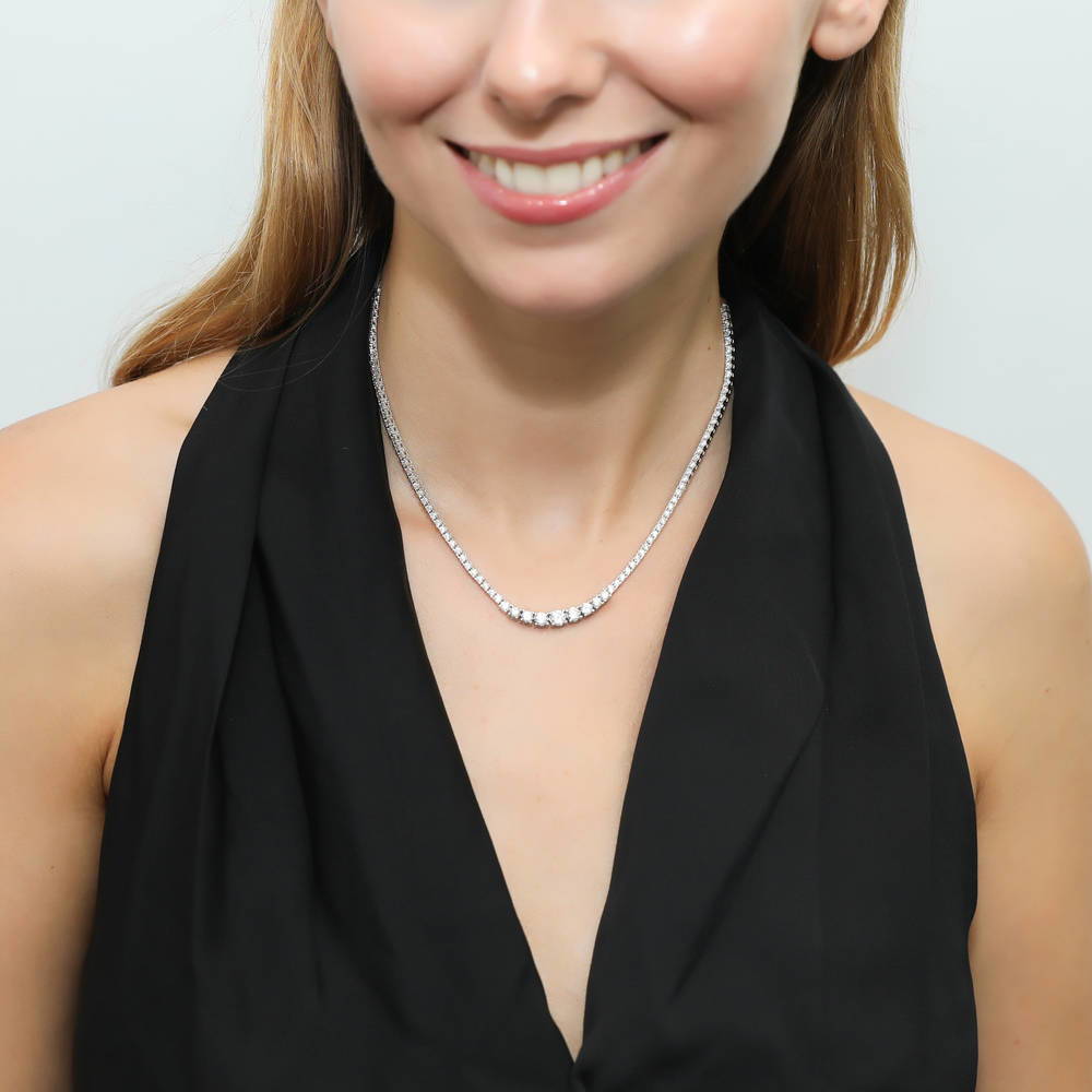 Model wearing Graduated CZ Tennis Necklace in Sterling Silver, 7 of 13