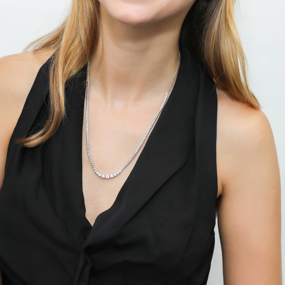 Model wearing Graduated CZ Tennis Necklace in Sterling Silver, 6 of 13