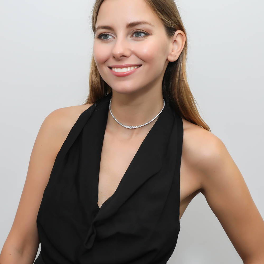Model wearing Graduated CZ Tennis Necklace in Sterling Silver, 3 of 13