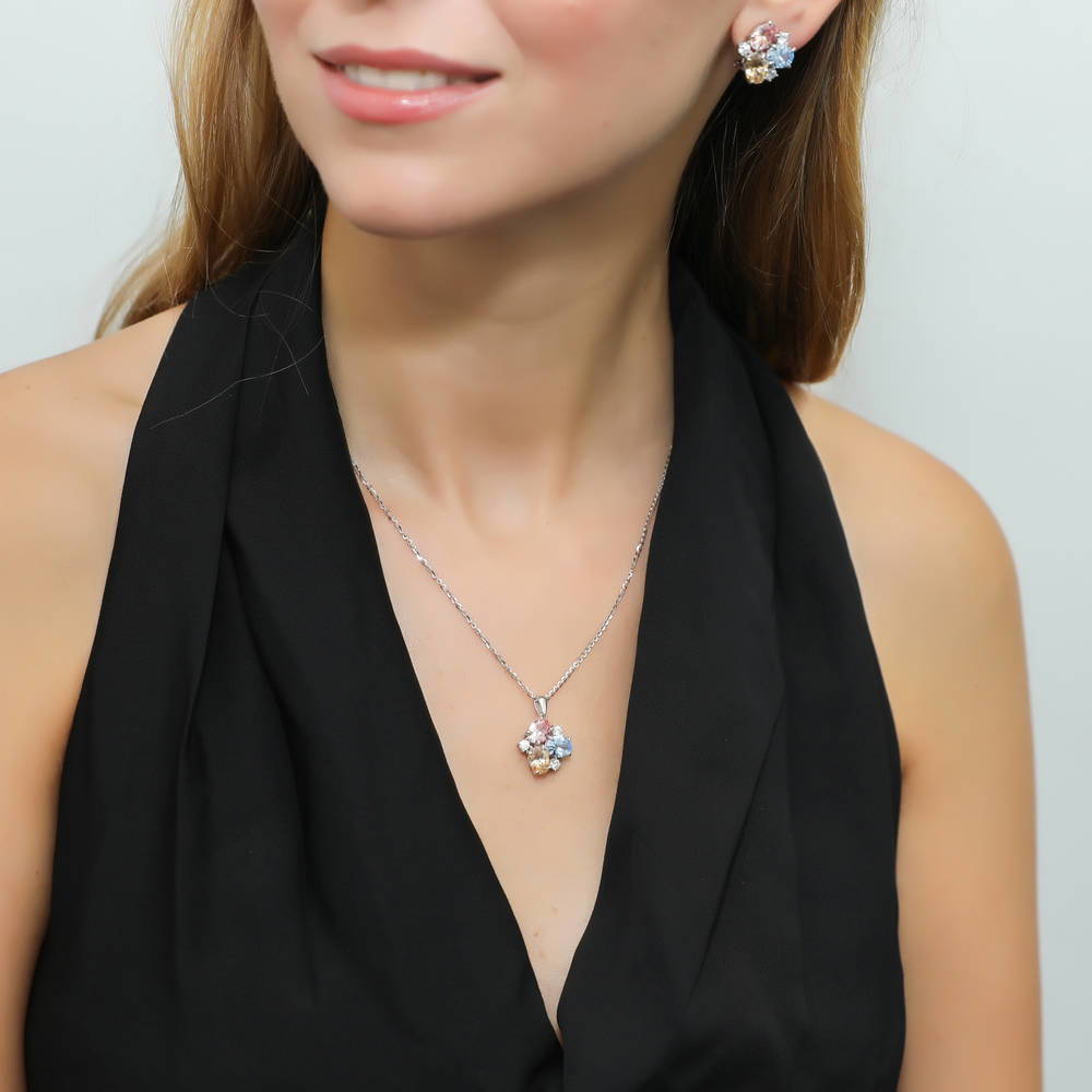 Cluster Blue CZ Necklace and Earrings Set in Sterling Silver