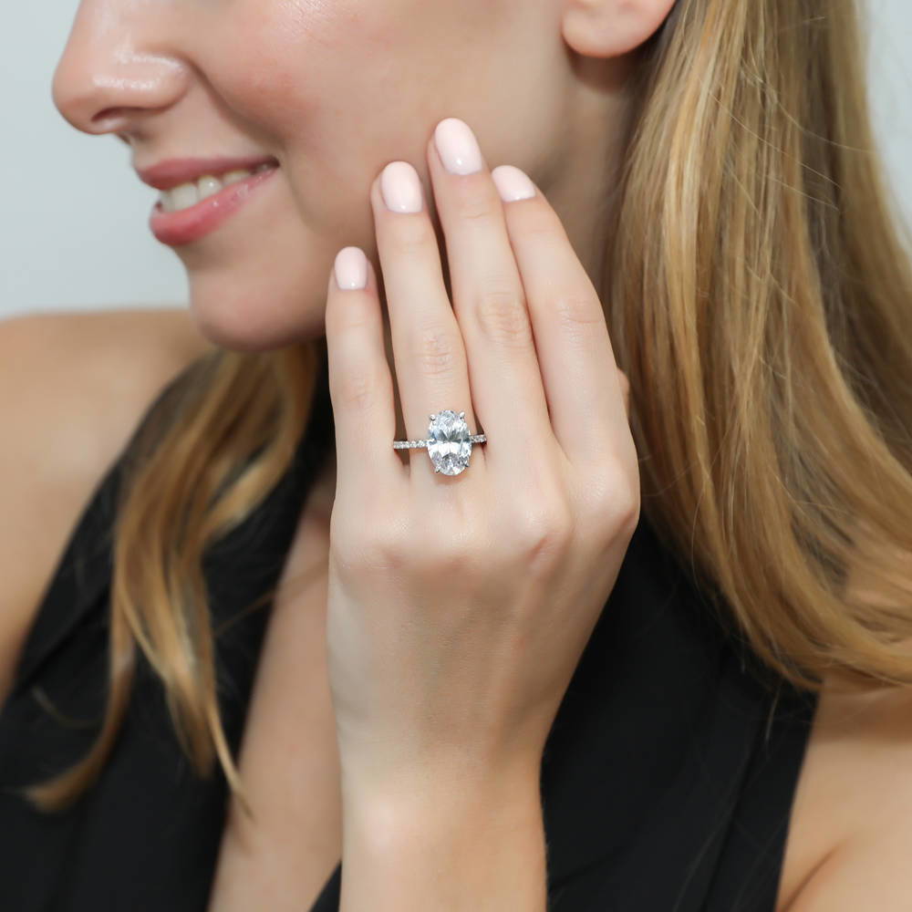 Solitaire Hidden Halo 5.5ct Oval CZ Ring Set in Sterling Silver