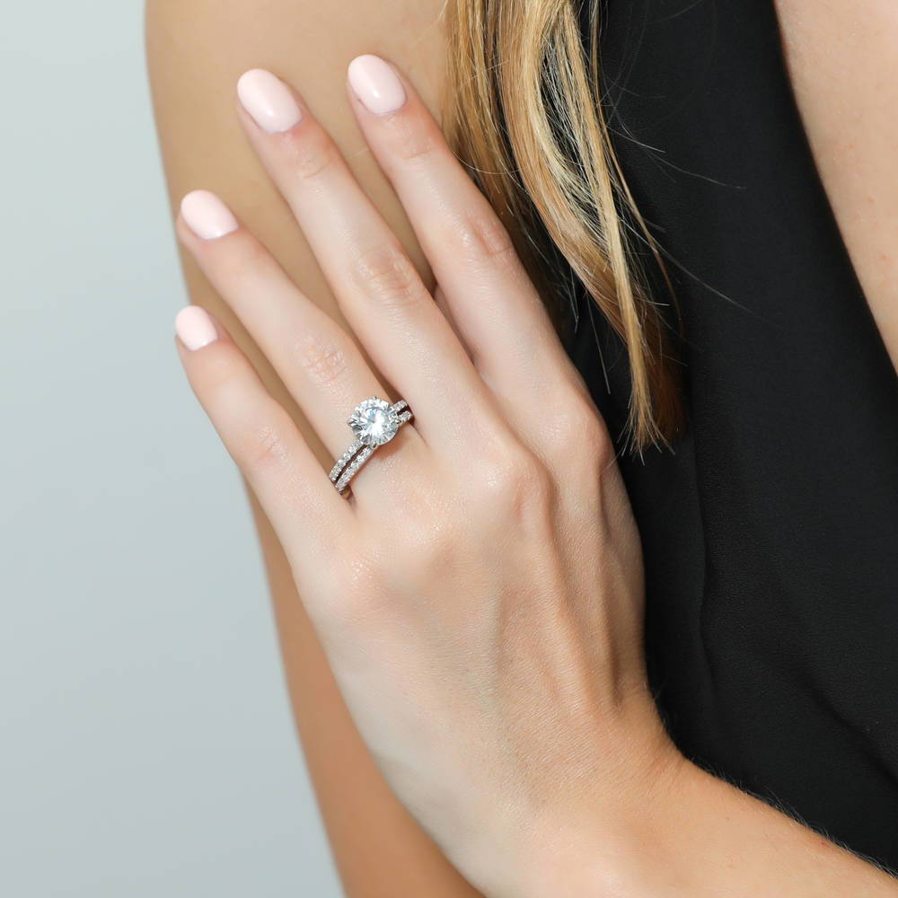 Model wearing Solitaire Hidden Halo 2.7ct CZ Ring Set in Sterling Silver, 2 of 12