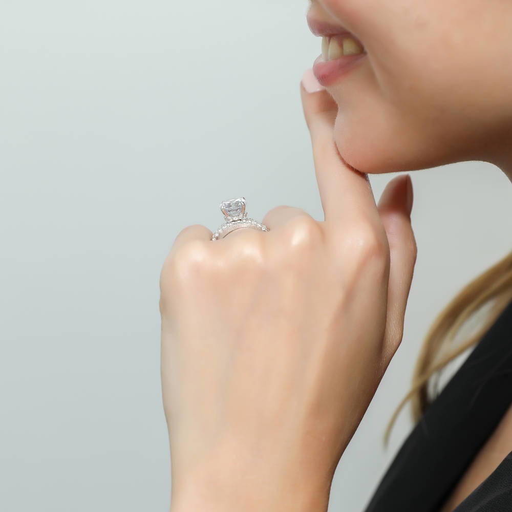 Model wearing Solitaire Hidden Halo 2.7ct CZ Ring Set in Sterling Silver, 6 of 12