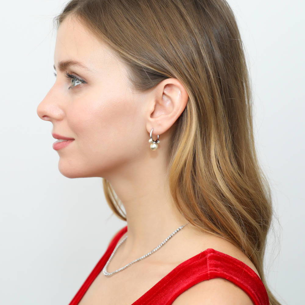 Bead Imitation Pearl Medium Huggie Earrings in Sterling Silver 0.86"