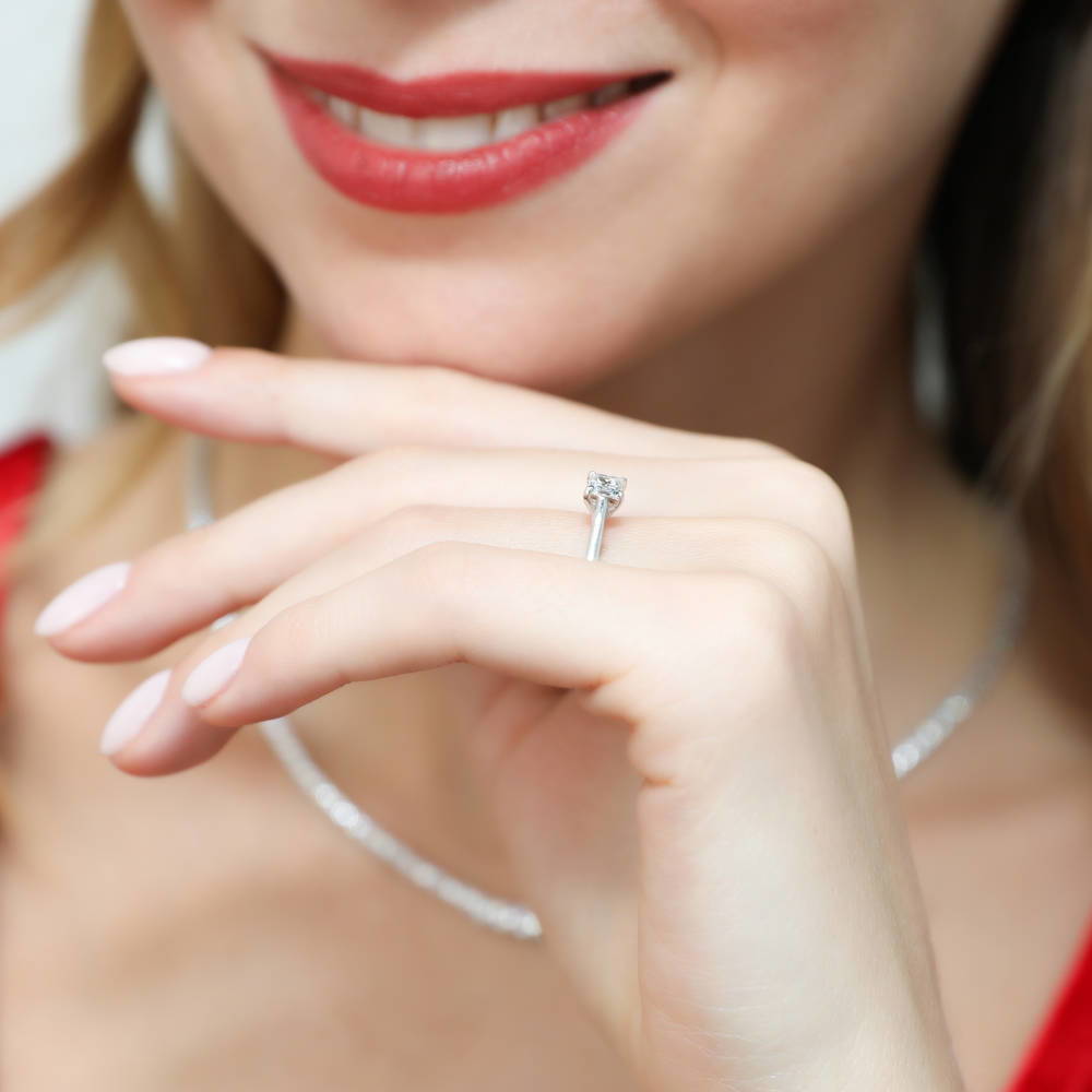 Model wearing Solitaire 0.4ct Princess CZ Ring in Sterling Silver, 6 of 7
