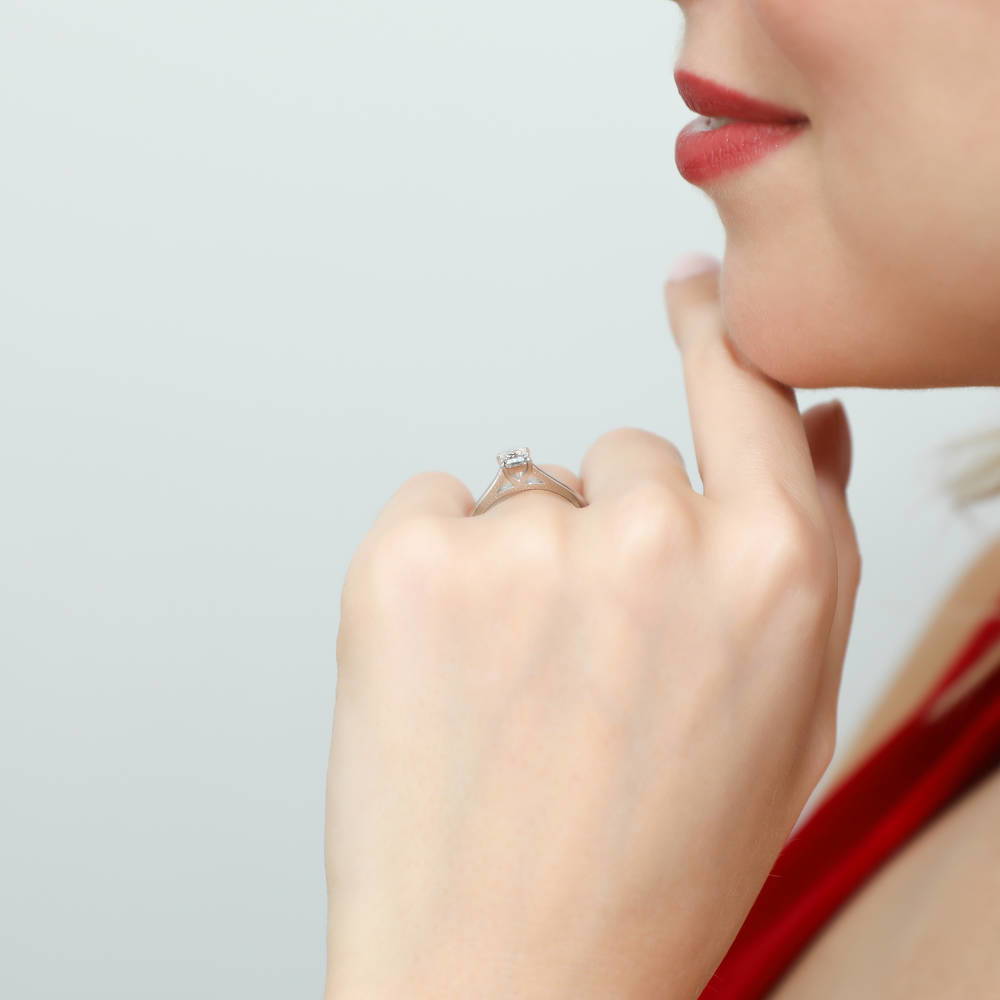 Model wearing Solitaire 0.4ct Princess CZ Ring in Sterling Silver, 3 of 7