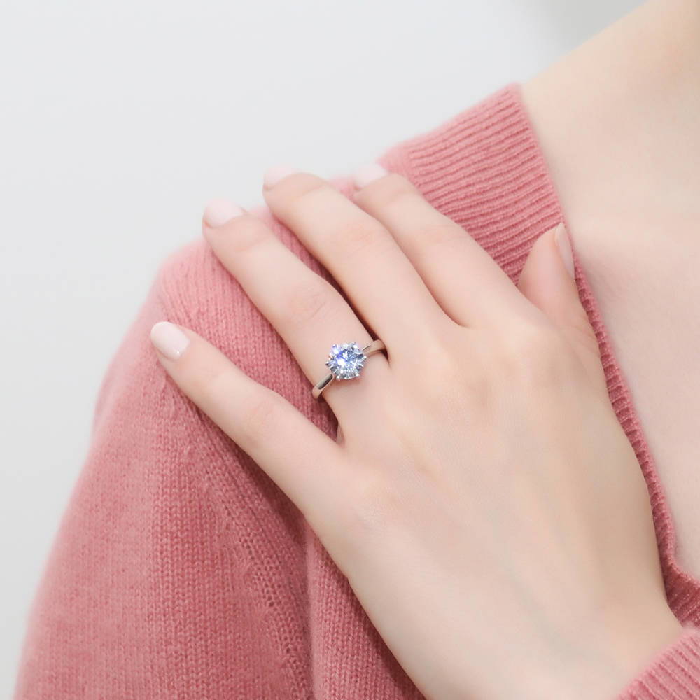 Model wearing Solitaire 2ct CZ Ring Set in Sterling Silver, 7 of 18