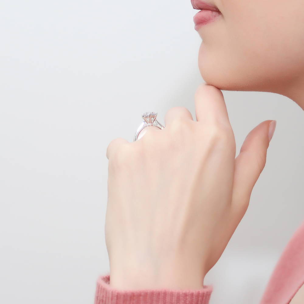 Model wearing Solitaire 5-Stone Wishbone 2ct CZ Ring Set in Sterling Silver, 16 of 19