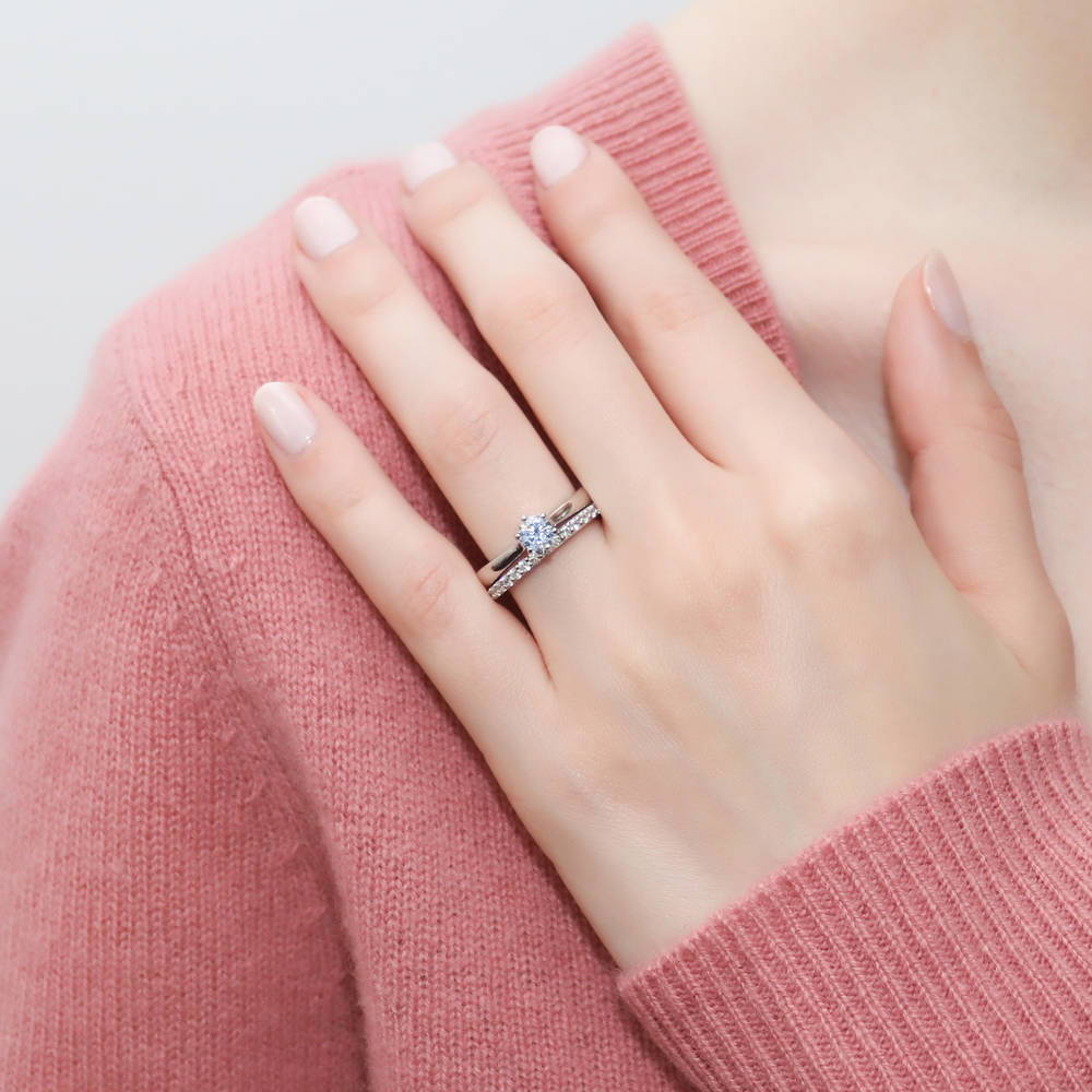 Model wearing Solitaire 0.45ct CZ Ring Set in Sterling Silver, 2 of 17