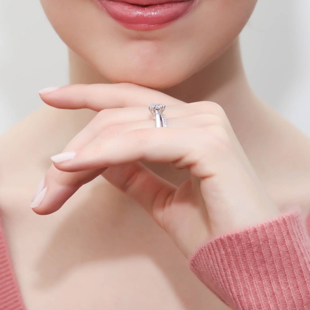 Model wearing Solitaire 1ct CZ Ring Set in Sterling Silver, 7 of 12