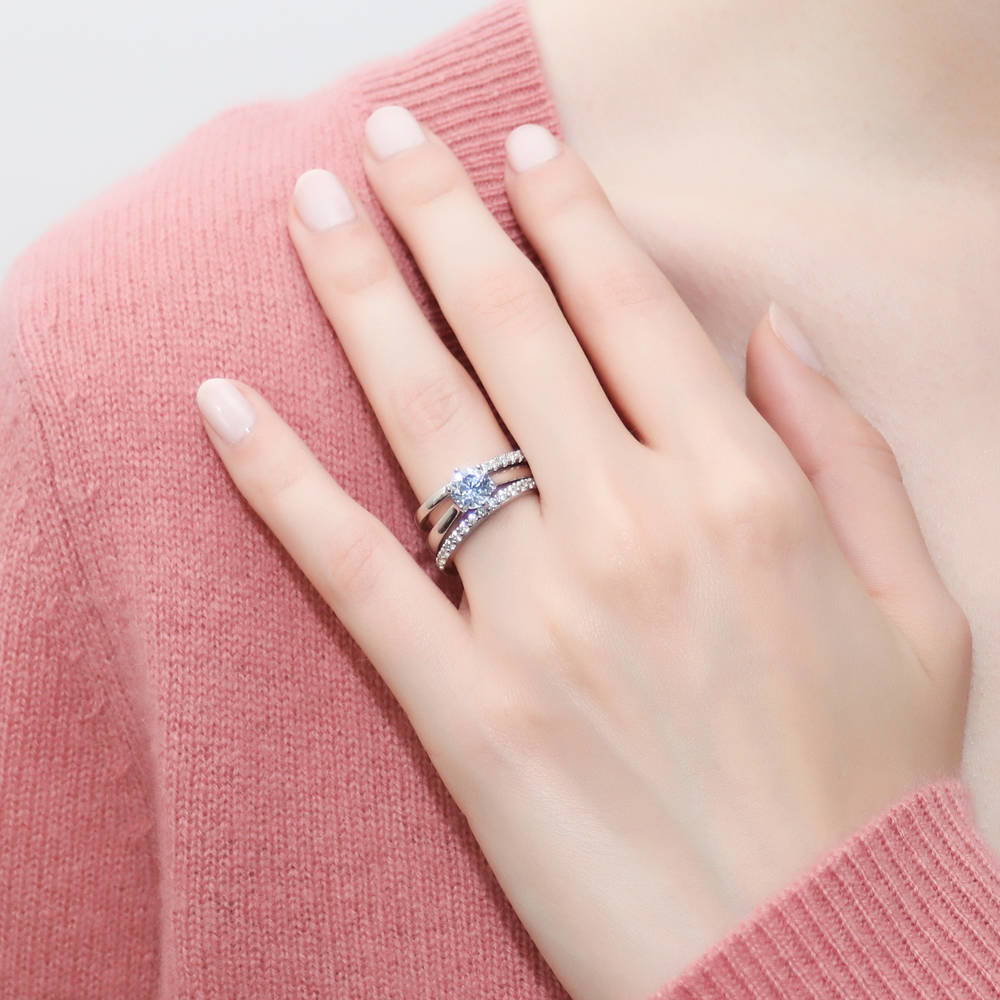 Model wearing Solitaire 1ct CZ Ring Set in Sterling Silver, 2 of 11