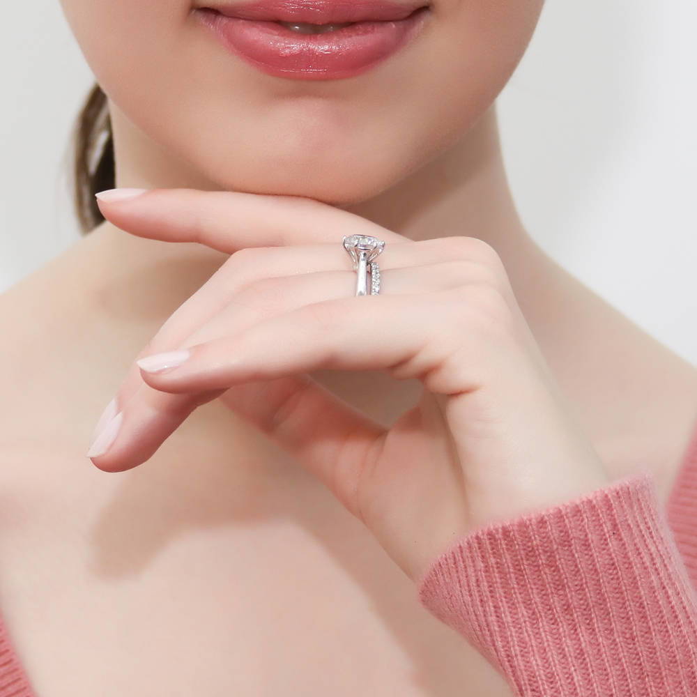Model wearing Solitaire 2ct CZ Ring Set in Sterling Silver, 9 of 19