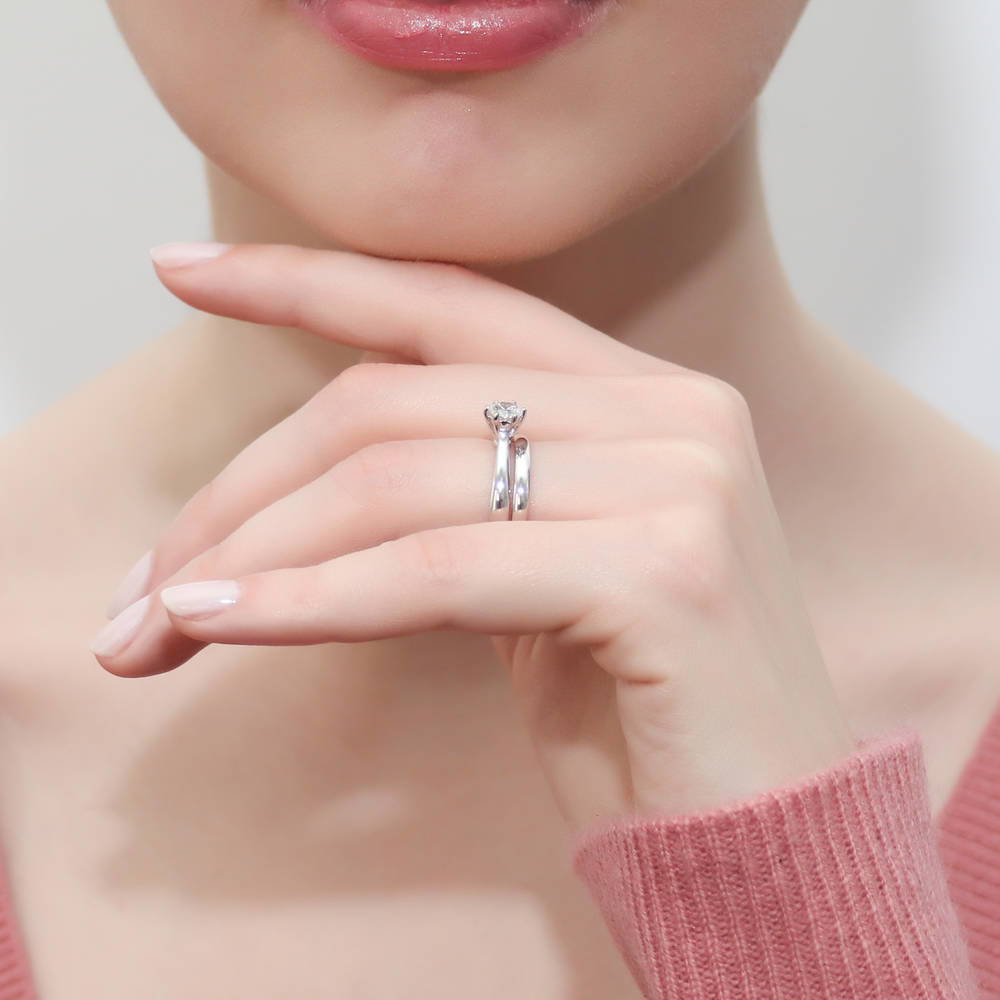 Model wearing Solitaire 0.45ct CZ Ring Set in Sterling Silver, 6 of 16