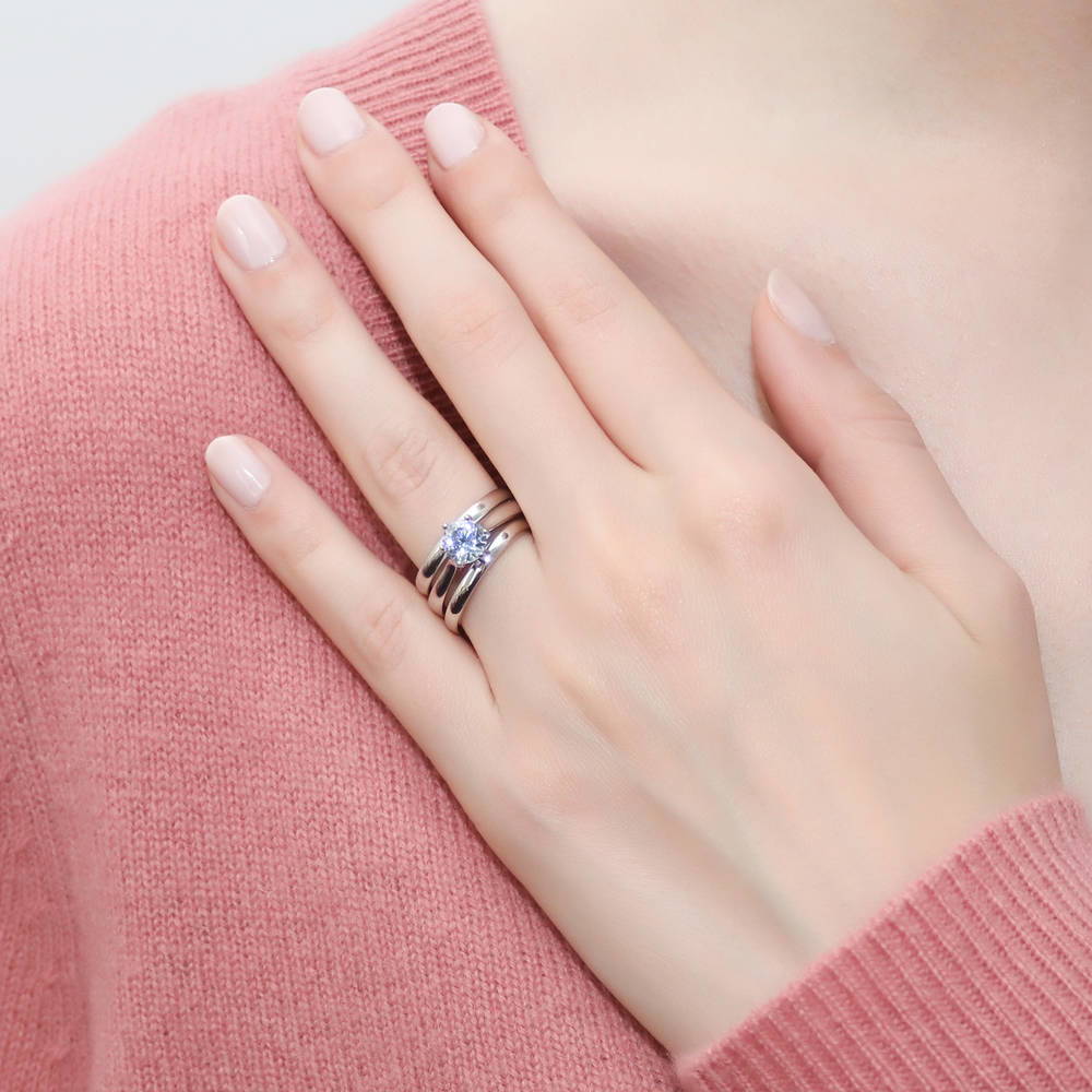 Model wearing Solitaire 1ct CZ Ring Set in Sterling Silver, 2 of 10