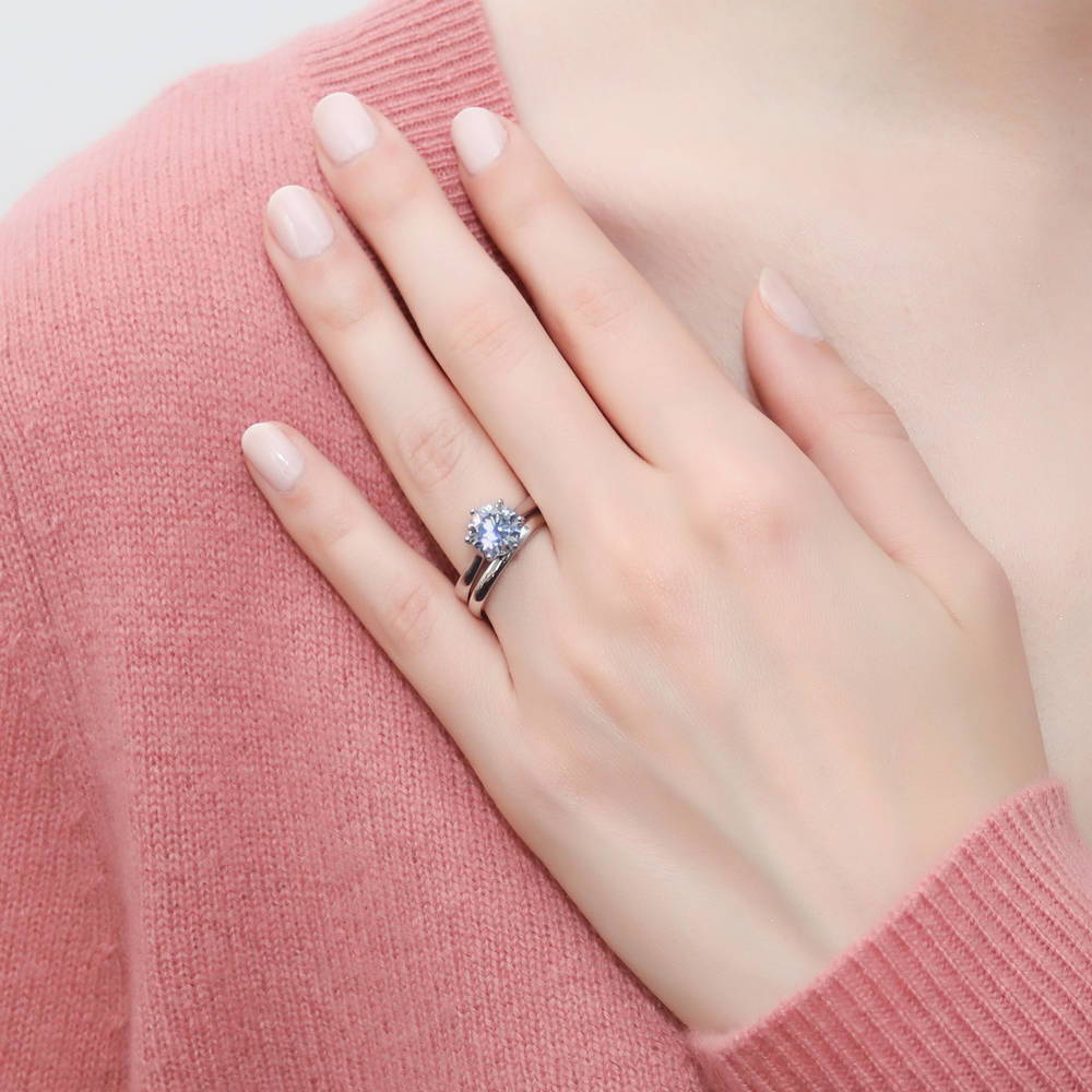 Model wearing Solitaire 2ct CZ Ring Set in Sterling Silver, 2 of 18