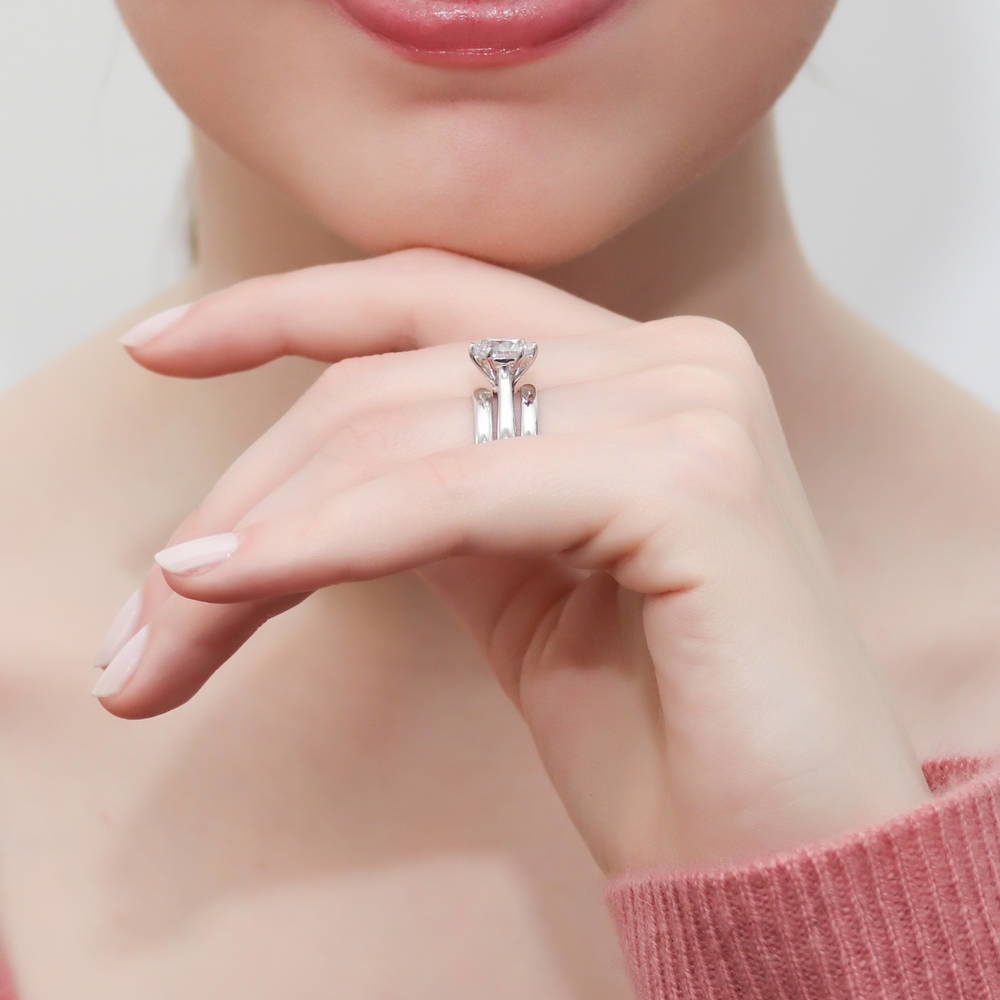 Model wearing Solitaire 2ct CZ Ring Set in Sterling Silver, 6 of 18