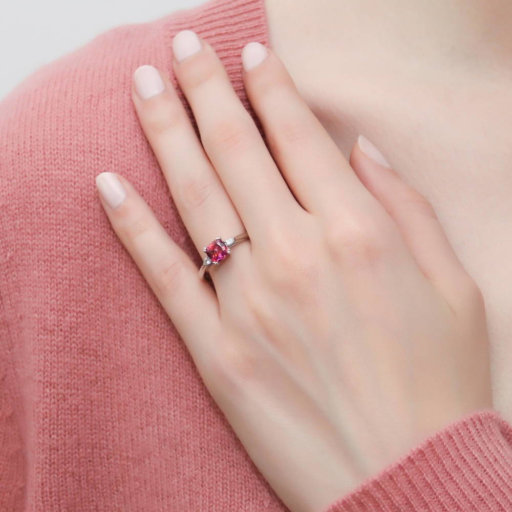 Model wearing 3-Stone 1.25ct Red Cushion CZ Ring in Sterling Silver, 2 of 7