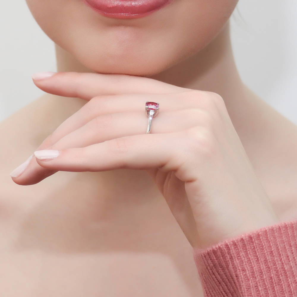 3-Stone 1.25ct Red Cushion CZ Ring in Sterling Silver