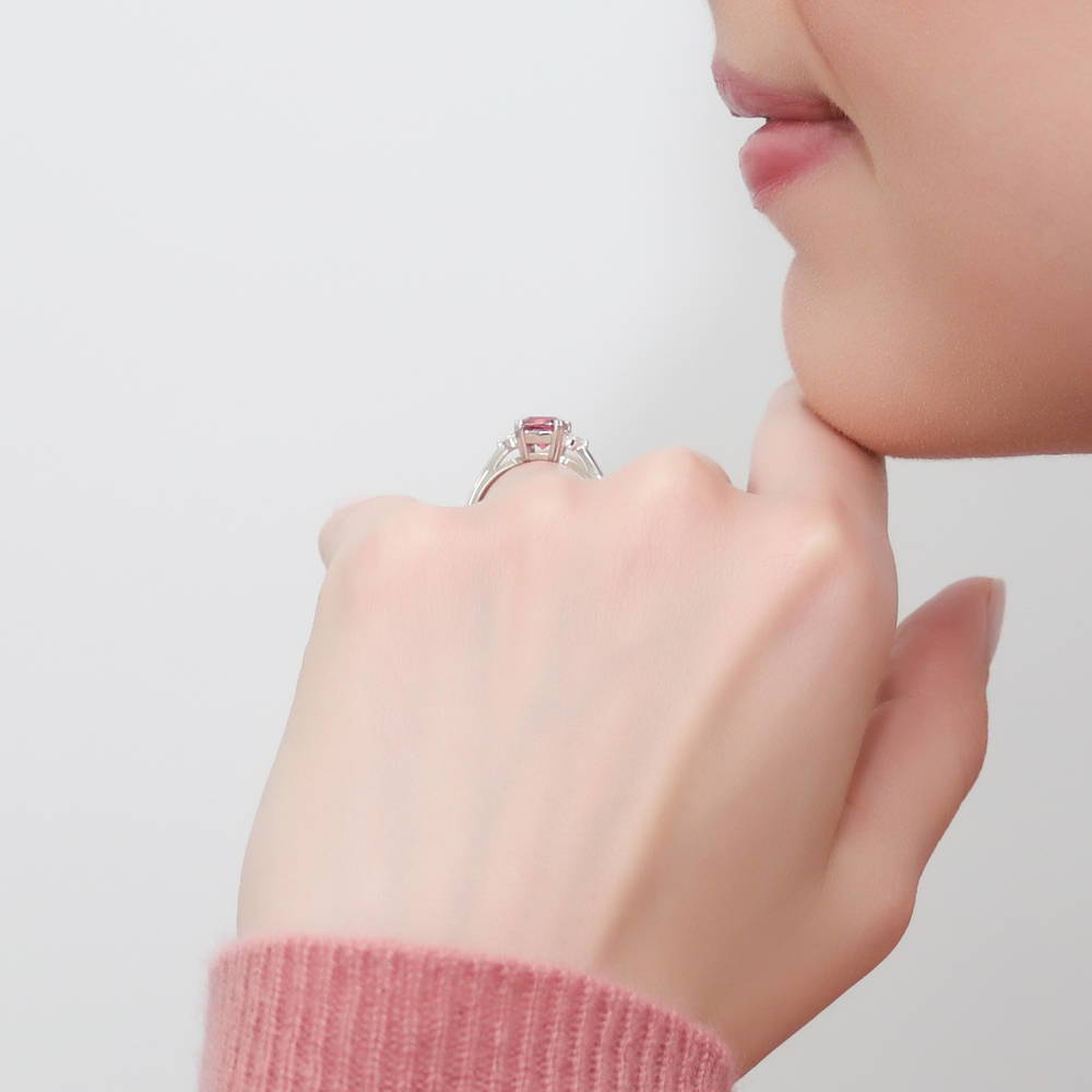 Model wearing 3-Stone 1.25ct Red Cushion CZ Ring in Sterling Silver, 3 of 7