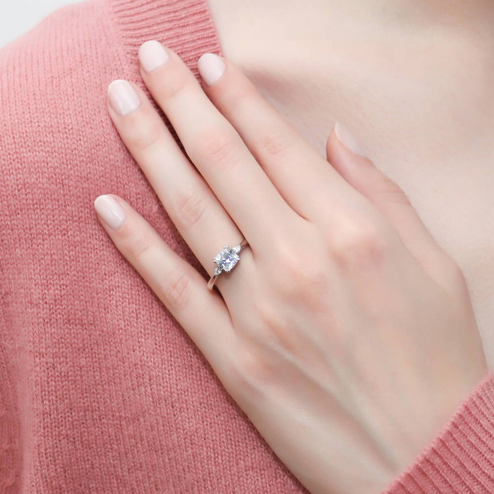Model wearing 3-Stone 1.25ct Cushion CZ Ring in Sterling Silver, 3 of 10