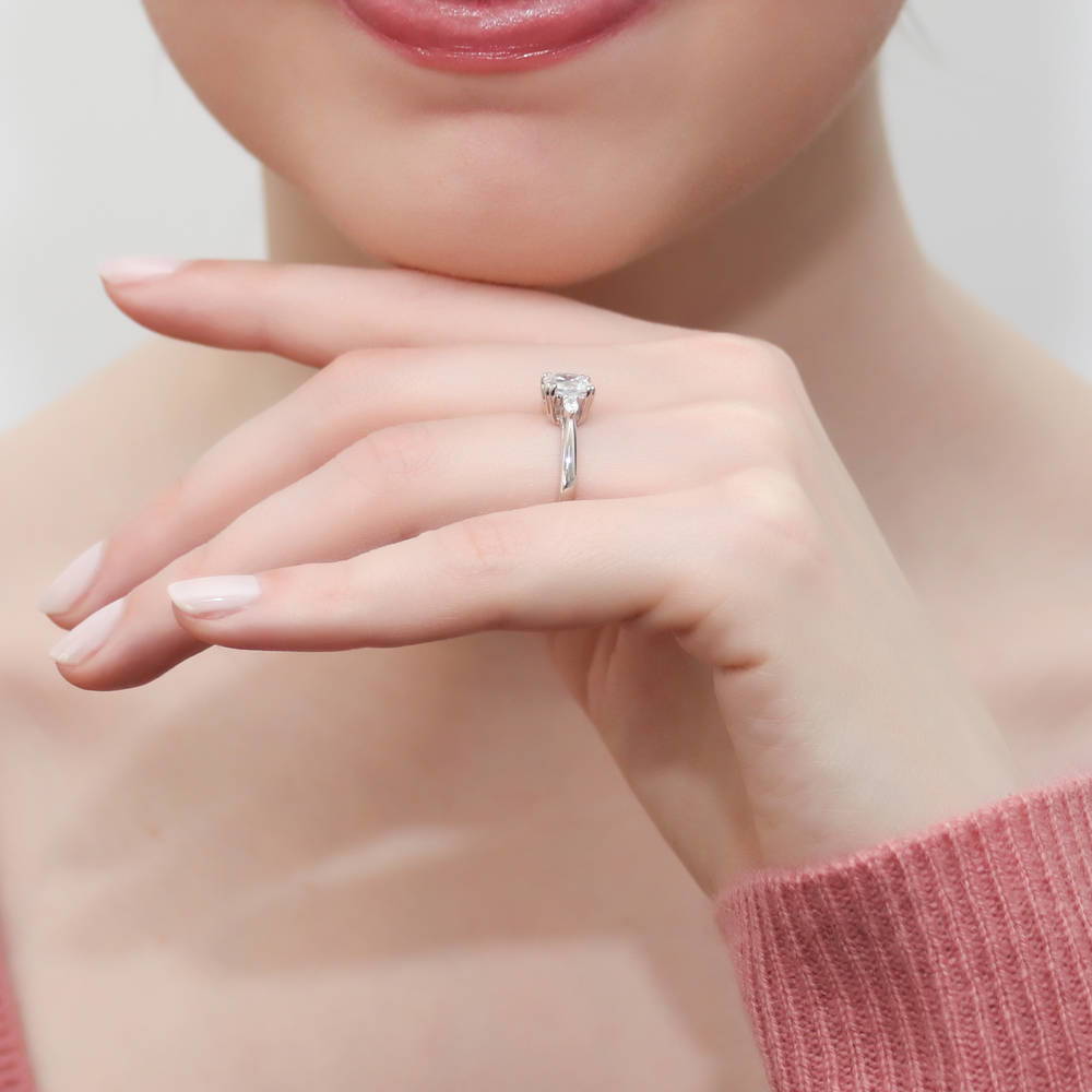 Model wearing 3-Stone 1.25ct Cushion CZ Ring in Sterling Silver, 10 of 10