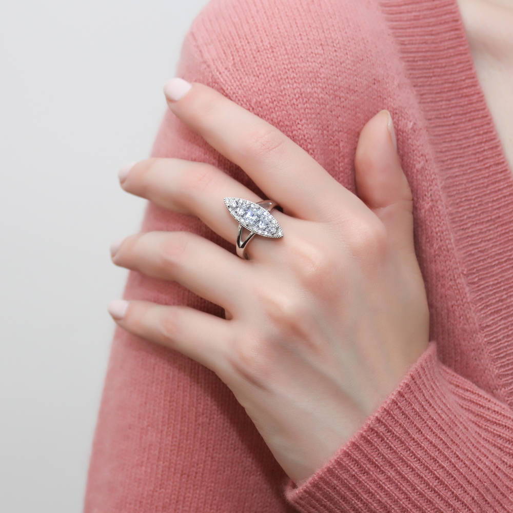5-Stone Navette Art Deco CZ Split Shank Ring in Sterling Silver