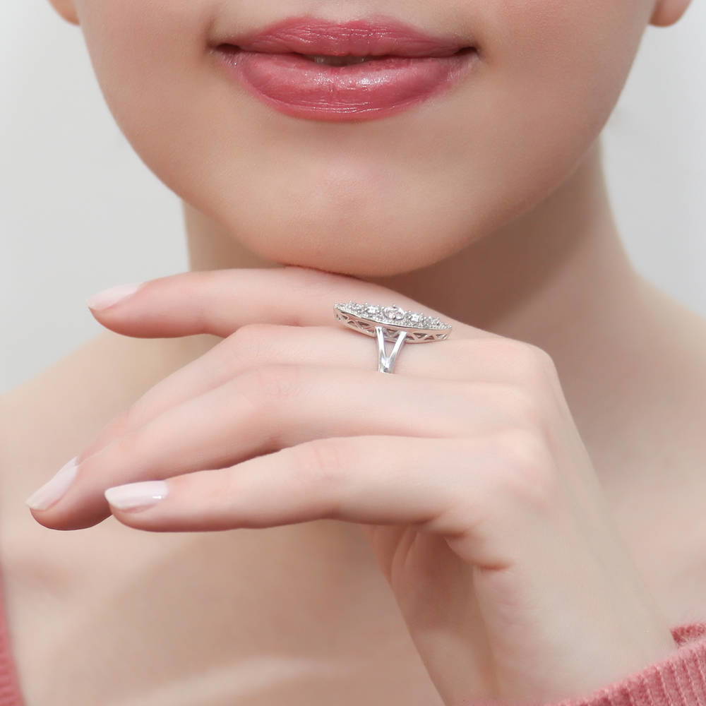 Model wearing 5-Stone Navette Art Deco CZ Split Shank Ring in Sterling Silver, 6 of 7