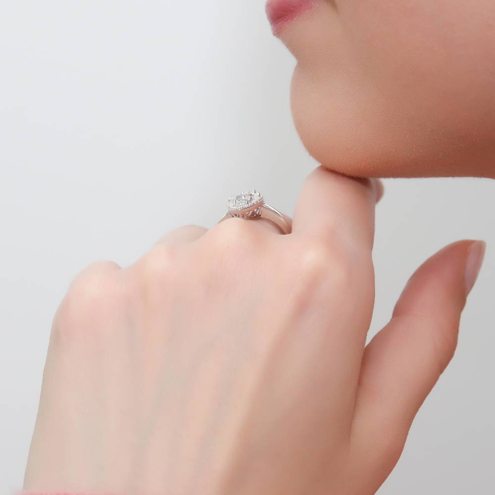 Model wearing 5-Stone Navette Art Deco CZ Split Shank Ring in Sterling Silver, 3 of 7