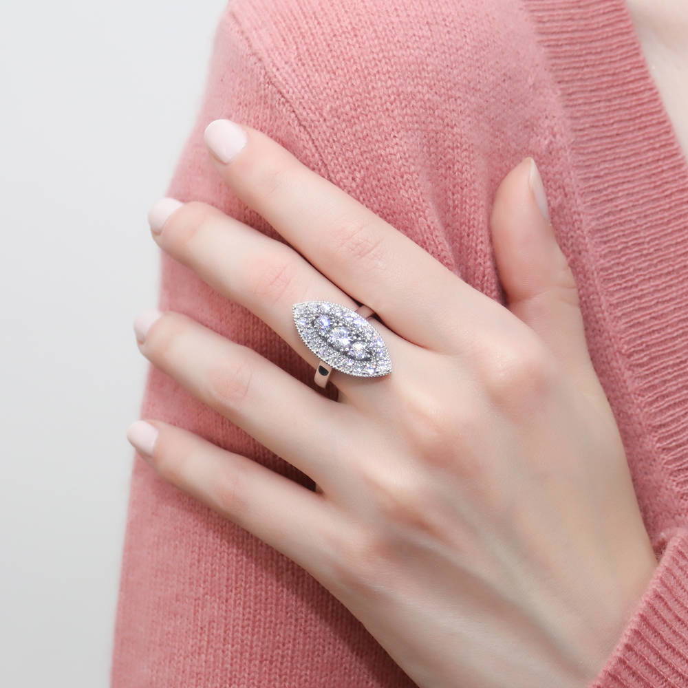 Model wearing 3-Stone Navette Milgrain Art Deco CZ Ring in Sterling Silver, 2 of 7