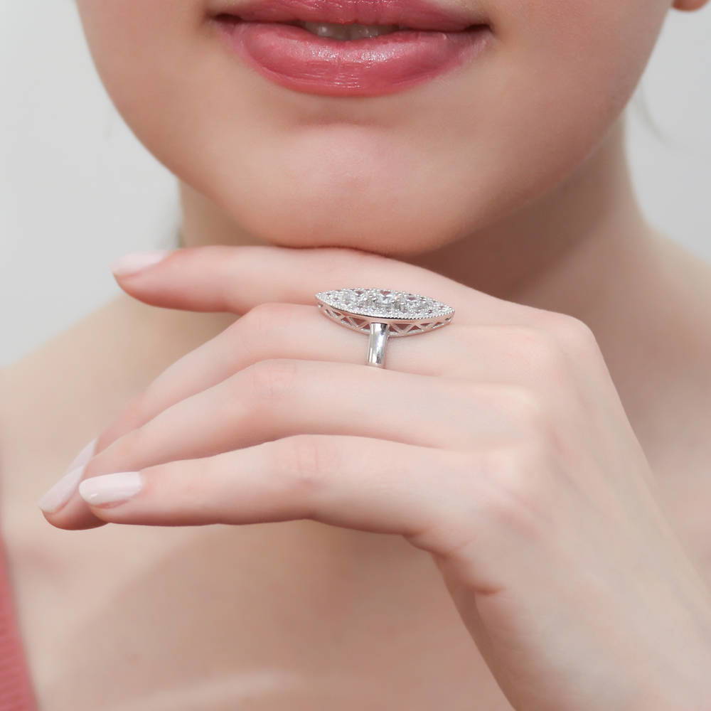 Model wearing 3-Stone Navette Milgrain Art Deco CZ Ring in Sterling Silver, 6 of 7