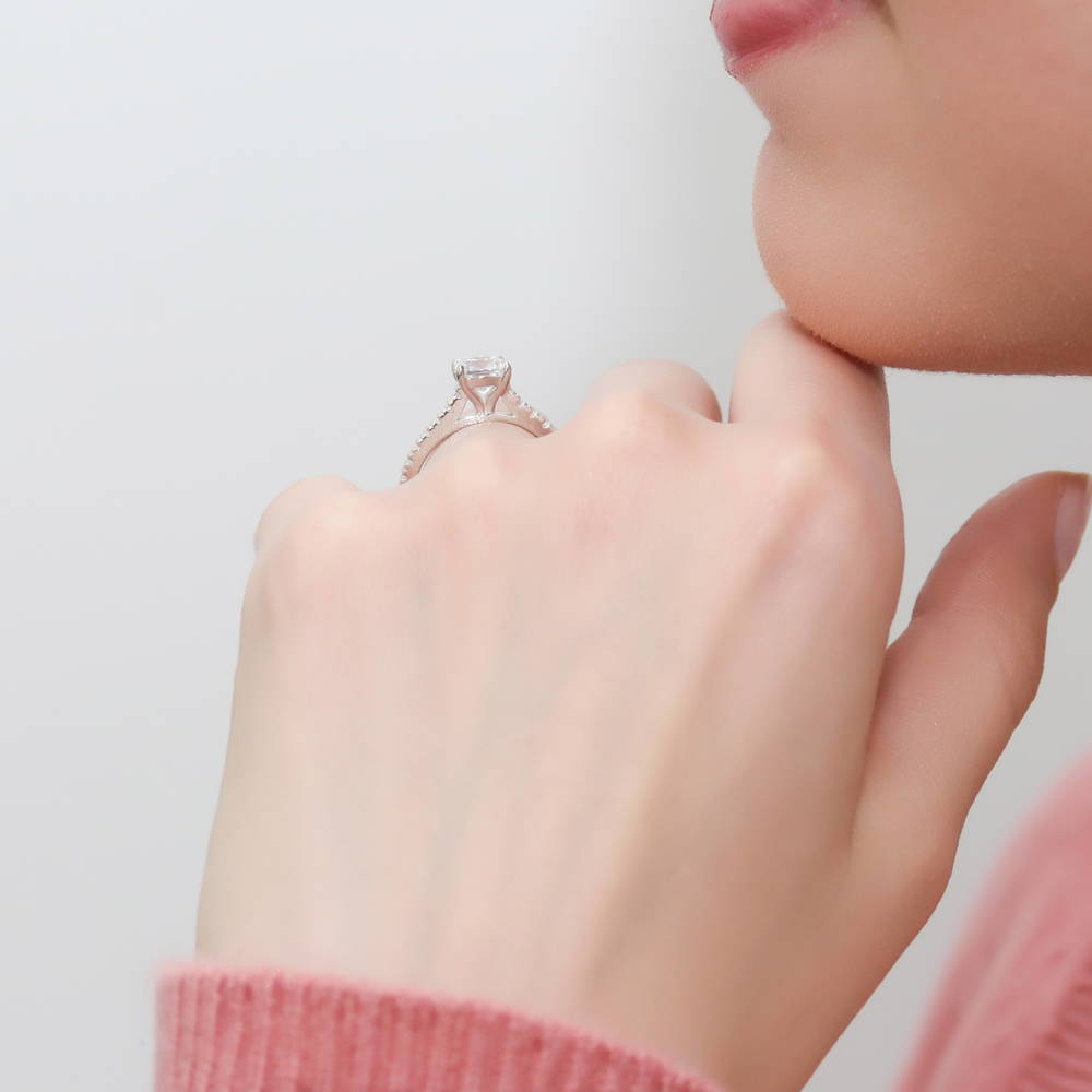 Model wearing Solitaire 1.25ct Cushion CZ Ring in Sterling Silver, 3 of 7