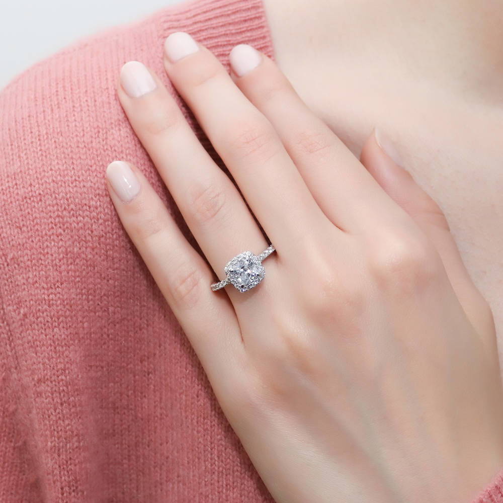 Model wearing Halo Cushion CZ Ring Set in Sterling Silver, 9 of 14