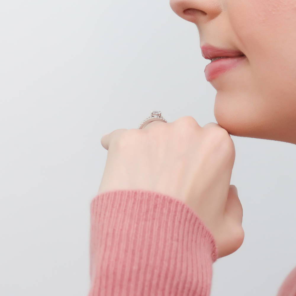 Model wearing Solitaire 0.4ct Oval CZ Ring in Sterling Silver, 10 of 11