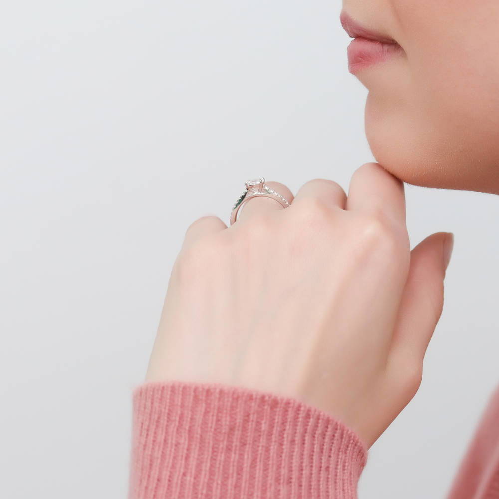 Model wearing Solitaire 0.4ct Oval CZ Ring in Sterling Silver, 3 of 8