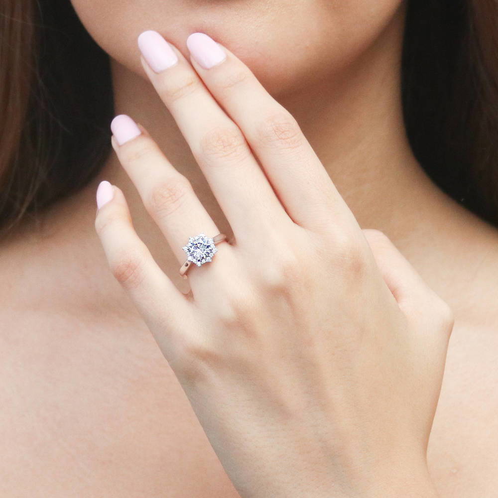 Model wearing Sunburst Halo CZ Ring in Sterling Silver, 2 of 7